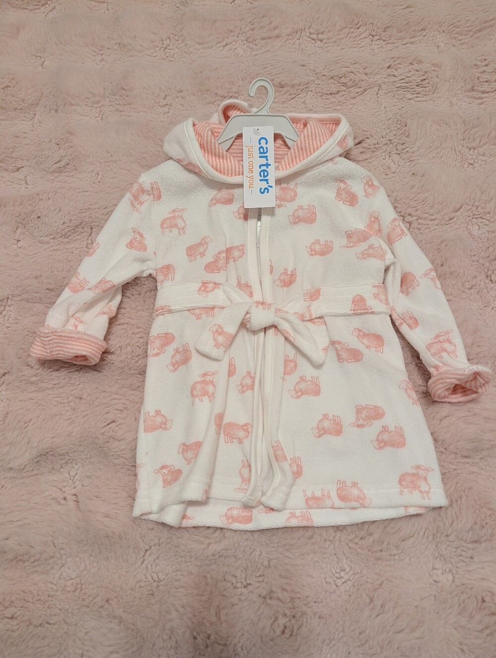 Carter's Hooded White Robe with Light Pink Lamb Print